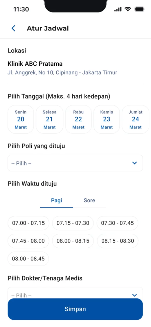 DT Care booking screen: pick a date, clinic and time slot
