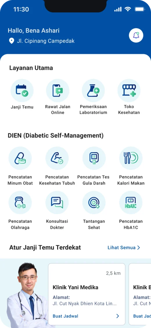 DT Care home screen with main services, diabetes self-management tools and nearby clinics