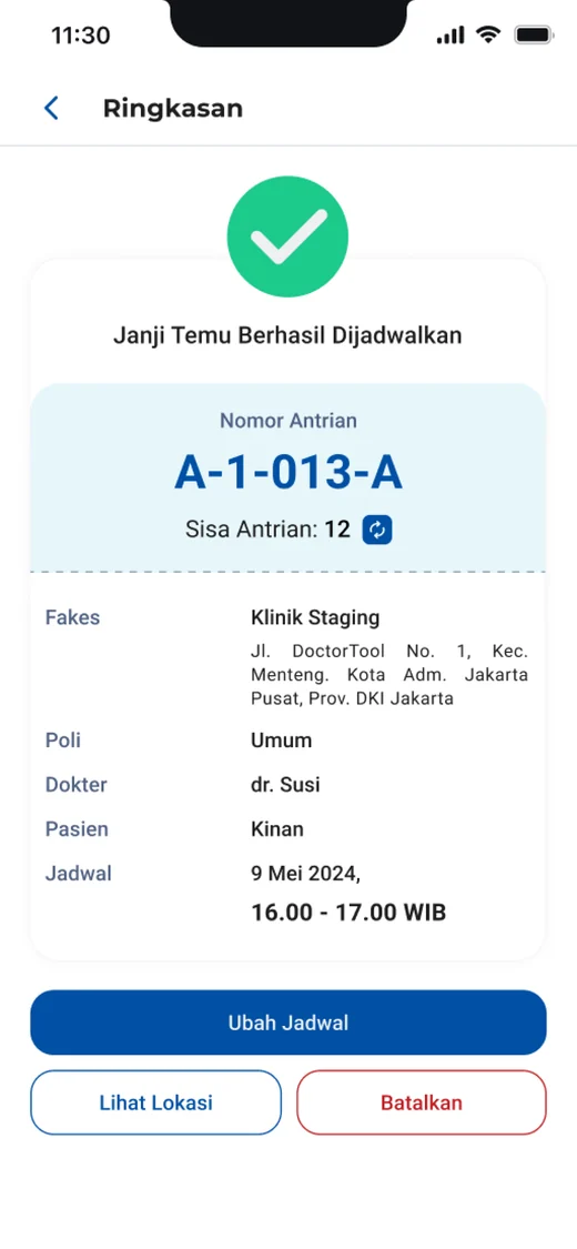 DT Care appointment confirmation with the queue number and visit details