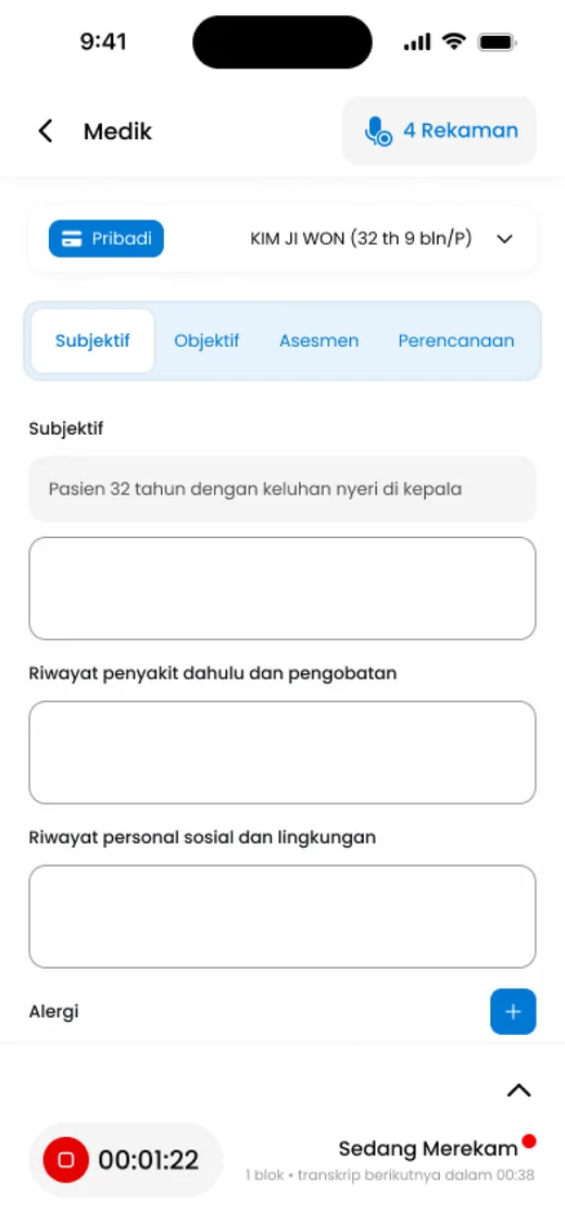 DT Nakes medical record form (SOAP) with live voice recording