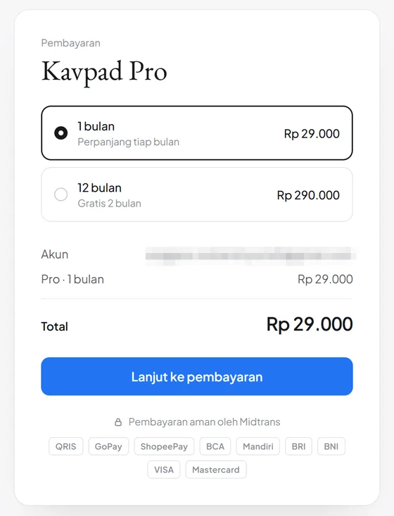 Kavpad Pro checkout with monthly and yearly plans, paid via Midtrans