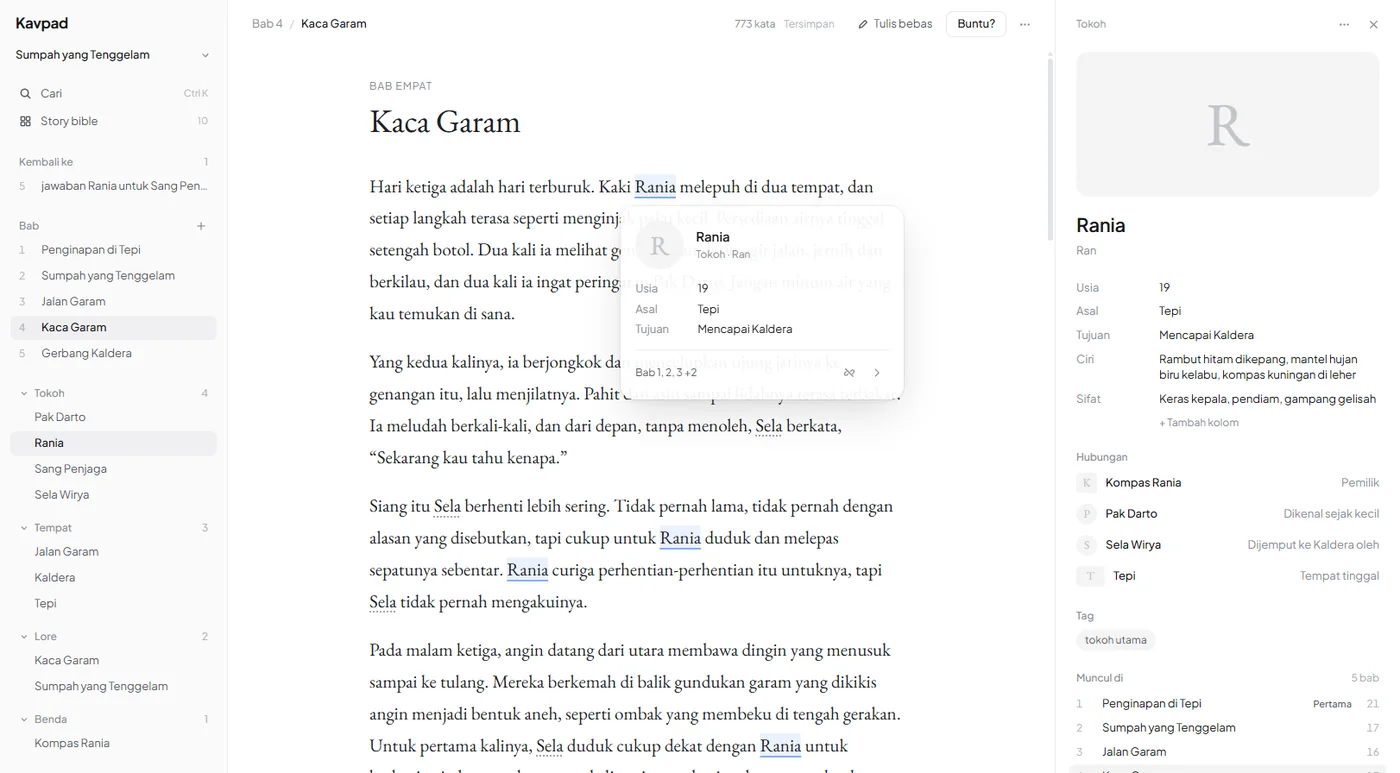 Kavpad chapter editor: character names in the text link to their story bible entries, with a pop-up card for Rania