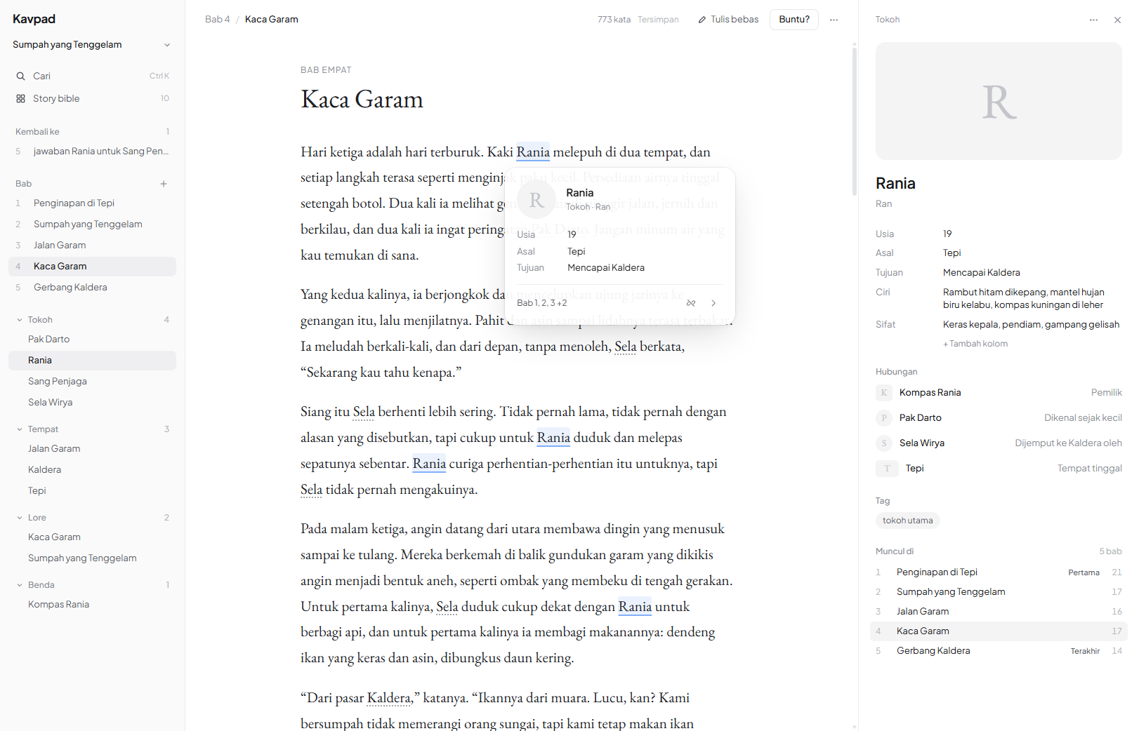 Kavpad story bible with auto-linked characters, places, and lore across chapters