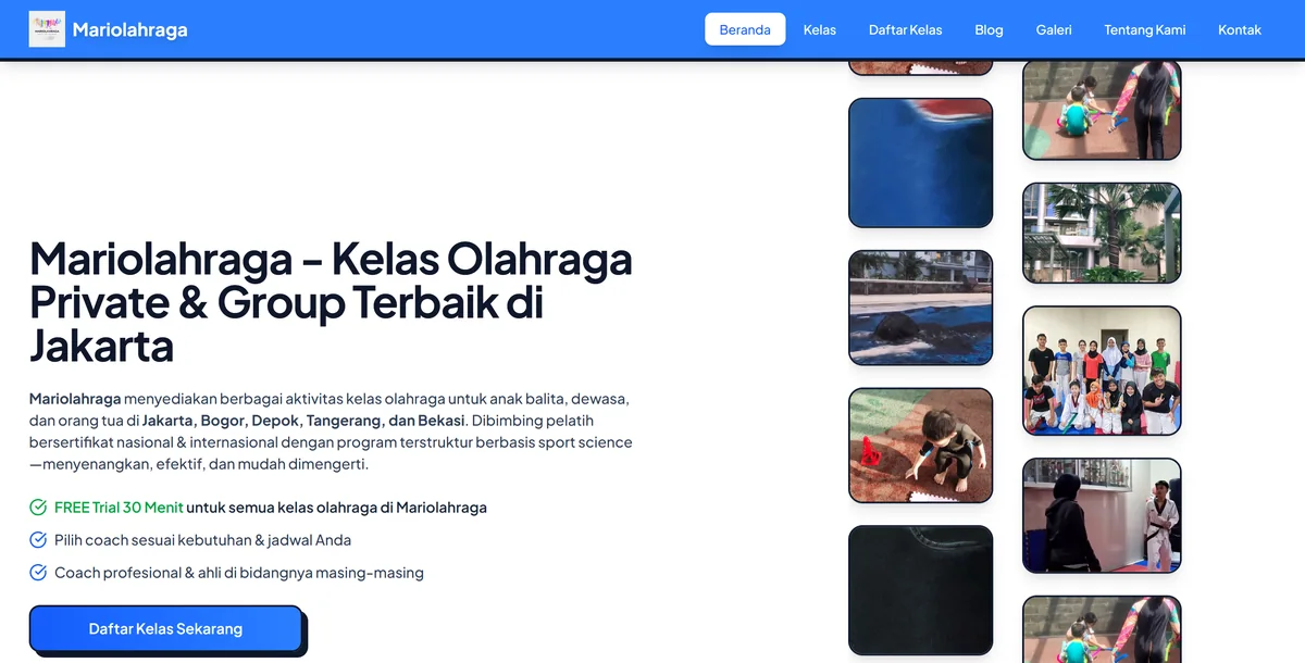 Mariolahraga homepage: private and group sports classes in Jakarta, with a free 30-minute trial and a wall of class photos