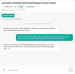 Writeen consultation chat between student and tutor, with a video call option